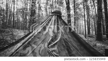 Reenactment Tactic Game. Wermacht German Military Field Tent. Concept Of Military Rest Stop. Rifles Lie On Ammunition. Carabines Mauser 98k During Ww2. Old Vintage German Infantry Army Helmet. Autumn 123835949