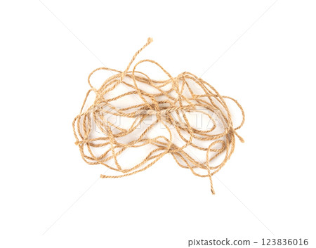 Twine rope piece isolated, jute loop fragment, beige packaging cord knots, old natural line cable Twine rope piece isolated, jute loop fragment, beige packaging cord knots, old natural line cable 123836016