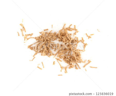 String piece isolated, jute rope fragment, part of packaging cord knots, eco-friendly natural rope 123836019