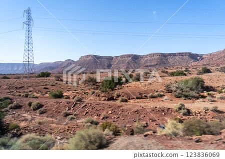 Morocco semi-deserts and mountains, north africa nature, Moroccan stone desert, red hills, villages and argan trees 123836069