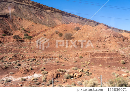 Morocco semi-deserts and mountains, north africa nature, Moroccan stone desert, red hills, villages and argan trees 123836071