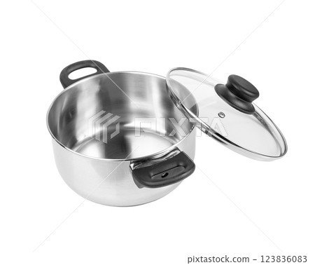 New Cooking Pot Isolated, Metal Saucepan with Glass Lid, Soup Kitchenware, Shiny Stainless Cooking Pot New Cooking Pot Isolated, Metal Saucepan with Glass Lid, Soup Kitchenware, Shiny Stainless Cooking Pot 123836083