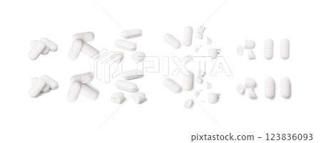 Broken Pills, Crushed Aspirin, Split Tablet, Broken Pill Capsules, Crumbling White Drugs on Black Broken Pills, Crushed Aspirin, Split Tablet, Broken Pill Capsules, Crumbling White Drugs on Black 123836093