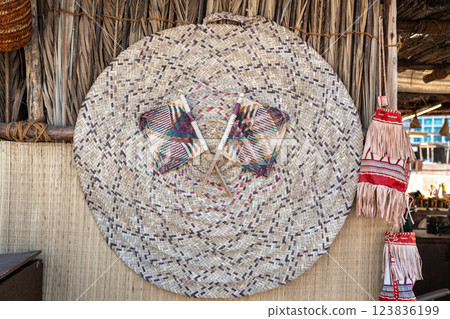 Woven basket straw texture close up, weave wicker bamboo, cane pattern 123836199