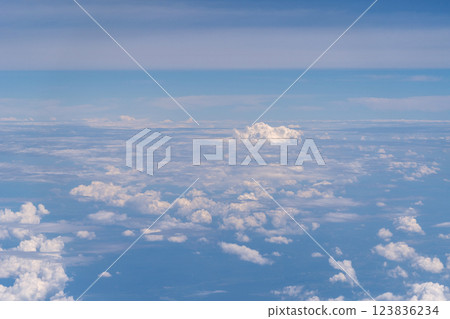 Blue Sky with White Clouds, Flying above Sunny Cloudy Sky Texture Pattern, Fluffy Clouds Plane View 123836234