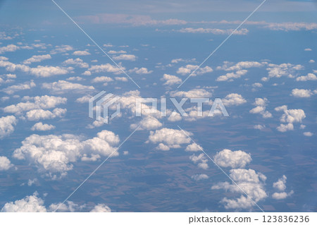 Blue Sky with White Clouds, Flying above Sunny Cloudy Sky Texture Pattern, Fluffy Clouds Plane View 123836236