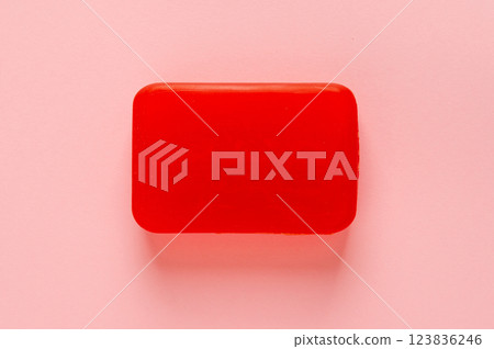 Red Soap Bar Isolated, Body Care Cosmetic, Fruit Soapy Detergent, Solid Shampoo, Glycerin Soap 123836246