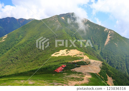 夏季從常念山望去的常念小屋和橫筒山 夏季從常念山望去的常念小屋和橫筒山 123836316
