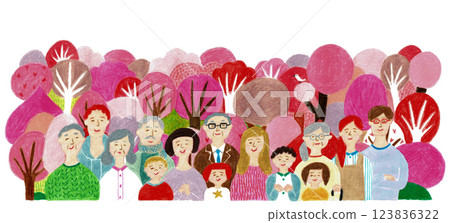 Hand-drawn illustration: Cherry blossoms in full bloom and smiling people Hand-drawn illustration: Cherry blossoms in full bloom and smiling people 123836322