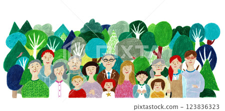 Hand-drawn illustration: People smiling in front of a forest 123836323