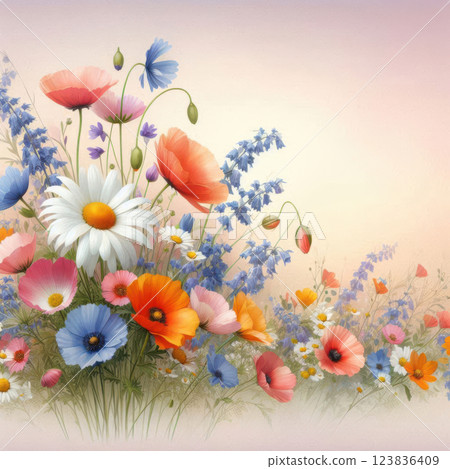 Vibrant botanical illustration of a wildflower bouquet featuring daisies, poppies, and bluebells in red, blue, and white hues. Lush green foliage adds depth. Perfect for floral-themed designs 123836409
