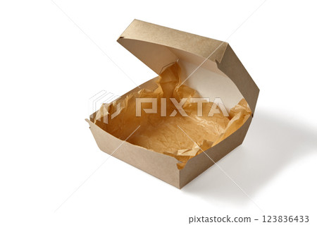 cardboard box with craft paper for burgers isolated on white background 123836433
