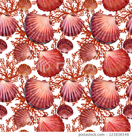 Luxory seashells seamless pattern. Watercolor marune print 123836548