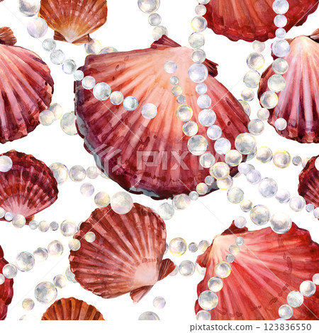 Luxory seashells seamless pattern. Watercolor marune print 123836550