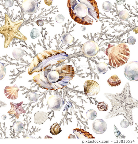Luxory seashells seamless pattern. Watercolor marune print 123836554