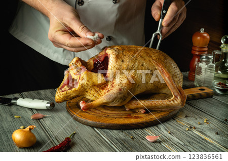 A skilled chef adds salt to a beautifully seasoned duck, preparing it for roasting. The warm kitchen is filled with spices, creating an inviting atmosphere for cooking 123836561