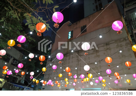 Feb 10 2025 Colorful Lanterns Lighting a Courtyard with Festive Decoration Feb 10 2025 Colorful Lanterns Lighting a Courtyard with Festive Decoration 123836586