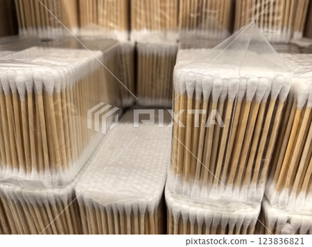 Stacks of cotton swabs in a retail setting ready for customers to purchase Stacks of cotton swabs in a retail setting ready for customers to purchase 123836821