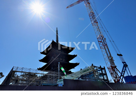 The five-story pagoda of Kofuku-ji Temple, a national treasure in Nara, currently undergoing major repairs 123836846