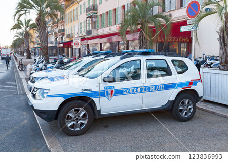 Row of municipal police SUVs in Cannes 123836993