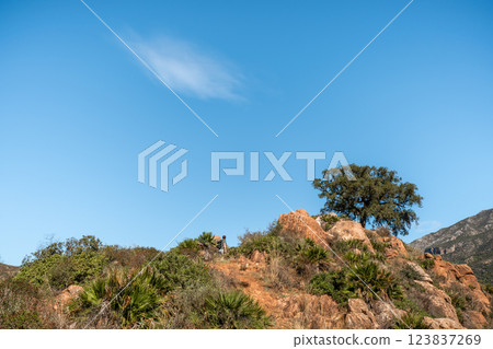 Man hiking rocky trail under clear blue sky near mountain peaks Man hiking rocky trail under clear blue sky near mountain peaks 123837269