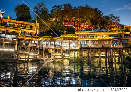 Night scene of Fenghuang ancient city in China 123837331