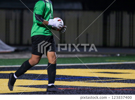 Goalkeeper Prepares to Make a Play During a Night Soccer Match on an Artificial Turf Field 123837400