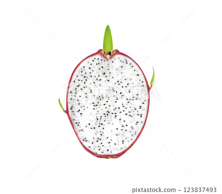 Fresh dragon fruit Half cut saw the flesh of the dragon fruit or pitahaya (pitaya) isolated on white background. clipping path included. Fresh organic dragon fruit from the garden. food concept. 123837493