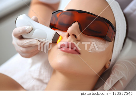 A young woman undergoes laser treatment to improve her skin color and texture. A cosmetologist does a microdermabrasion procedure for facial skin in a beauty salon. Laser Treatment On Woman's Face 123837545