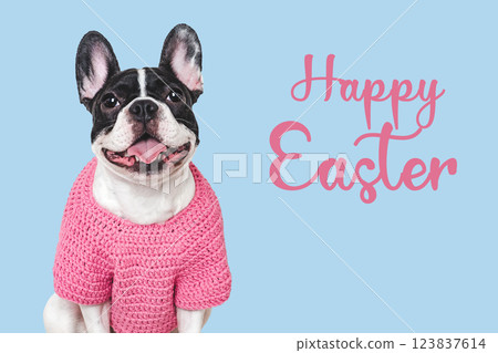 Happy Easter. Cute puppy and congratulatory inscription 123837614