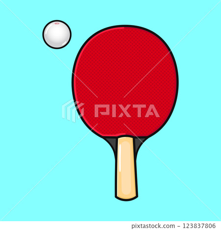 Red Ping Pong Paddle. Table Tennis Racket with White Ball on Teal Background Red Ping Pong Paddle. Table Tennis Racket with White Ball on Teal Background 123837806