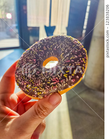 Chocolate Frosted Donut with Colorful Sprinkles Held in Hand, Sunny Background. High quality photo Chocolate Frosted Donut with Colorful Sprinkles Held in Hand, Sunny Background. High quality photo 123838206