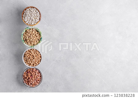 High-protein legumes, natural and organic food, Monochrome, top view 123838228