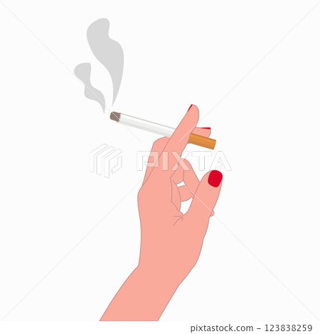 Woman's hand with red nails holds a cigarette. 123838259