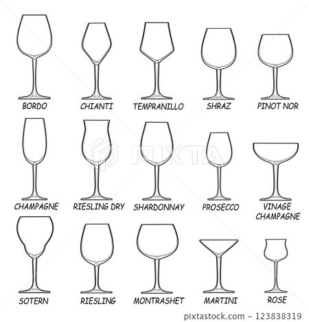 A set of glasses for wine, cocktails and other drinks. Set of line drawings. 123838319