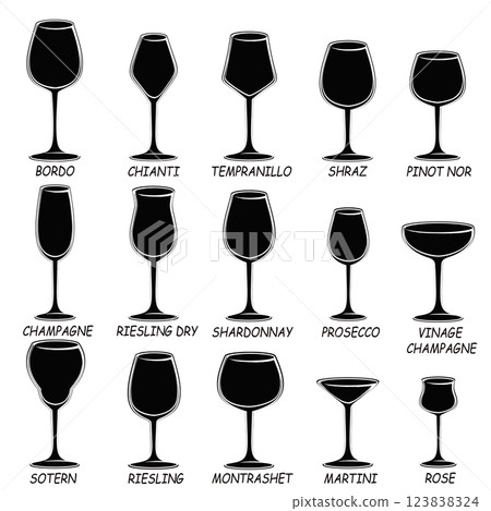 A set of glasses for wine, cocktails and other drinks. Set of line drawings. 123838324