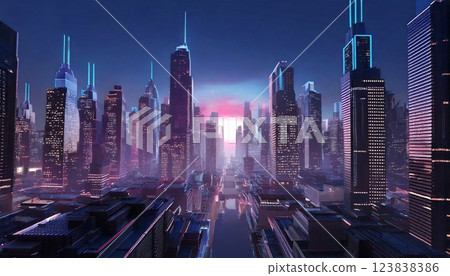 Metropolis skyline bathed in twilight hues without neon light effects 123838386