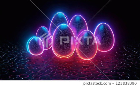 Vibrant neon eggs illuminated in a dark reflective environment Vibrant neon eggs illuminated in a dark reflective environment 123838390