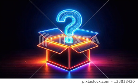 Bright neon question mark above an open box in a dark setting 123838420