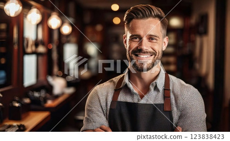 Barbershop worker smiling while showcasing craftsmanship in a cozy establishment 123838423