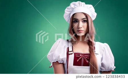 Portrait of a skilled milkmaid wearing traditional dress in a serene setting 123838433
