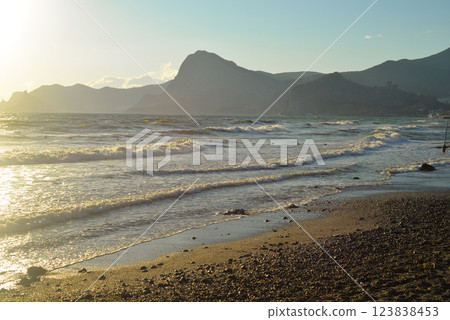 Background landscape view of Sudak Bay, the city of Sudak and its embankment in Crimea 123838453