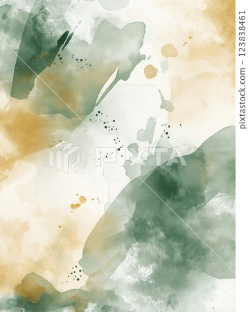Abstract watercolor background with soft green and golden hues, featuring fluid textures 123838461