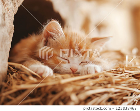 Adorable ginger kitten peacefully sleeping on a bed of hay 123838462