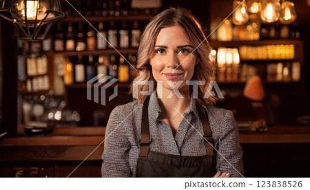 Pub worker stands confidently behind the bar in a cozy establishment during evening hours 123838526