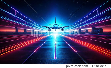 Airplane taking off into neon illuminated runway at night in futuristic setting 123838545