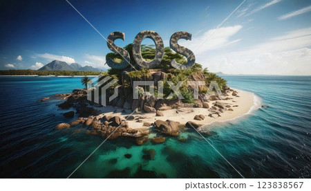 Deserted island with SOS signal made from natural materials during a sunny day 123838567