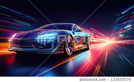 Speeding car illuminated with neon lights on a dynamic urban road at night 123838570