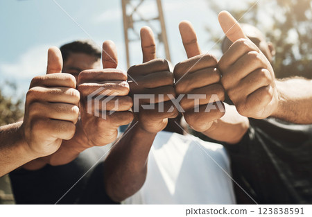 Sports team, men and thumbs up success in fitness workout motivation, training trust and exercise community support. Zoom, friends and basketball court players with hand gesture for winner goals vote 123838591