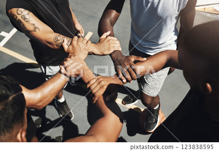 Wrist hands, sports teamwork and support, collaboration and cooperation for basketball court game. Above athlete group solidarity, partnership and motivation of goals, trust and friends commitment Wrist hands, sports teamwork and support, collaboration and cooperation for basketball court game. Above athlete group solidarity, partnership and motivation of goals, trust and friends commitment 123838595